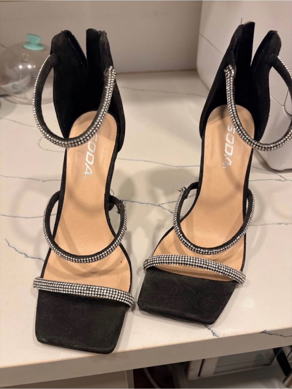 Soda Black Rhinestone-Strap High Heel Sandals